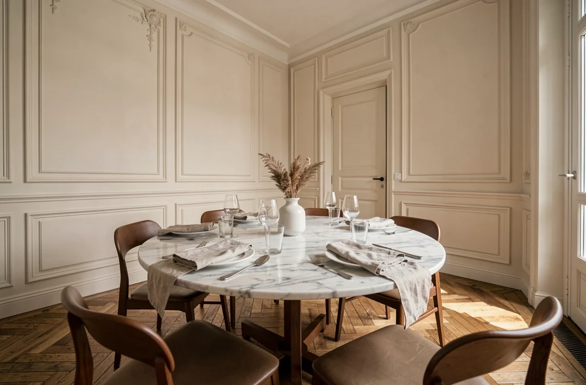 Salle à manger haussmannienne soigneusement mise en scène pour valoriser un bien immobilier lors d'une visite