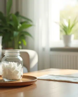 Salon lumineux avec absorbeur d'humidite maison sur la table