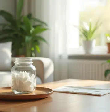 Anti-humidité maison : recette efficace contre l’humidité en 2025 ! Salon lumineux avec absorbeur d'humidite maison sur la table