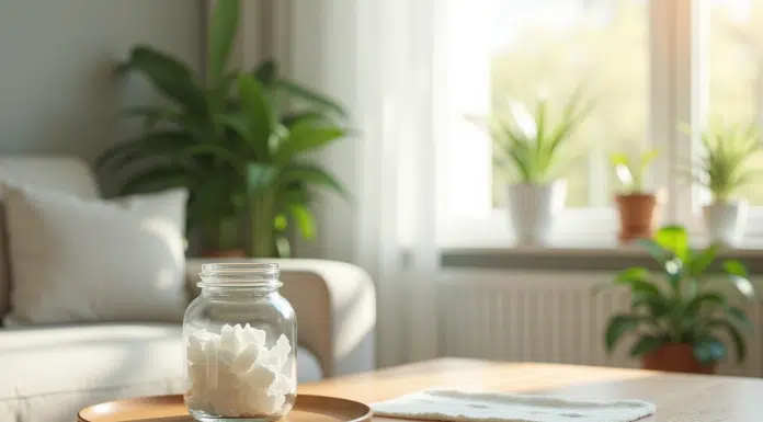 Salon lumineux avec absorbeur d'humidite maison sur la table