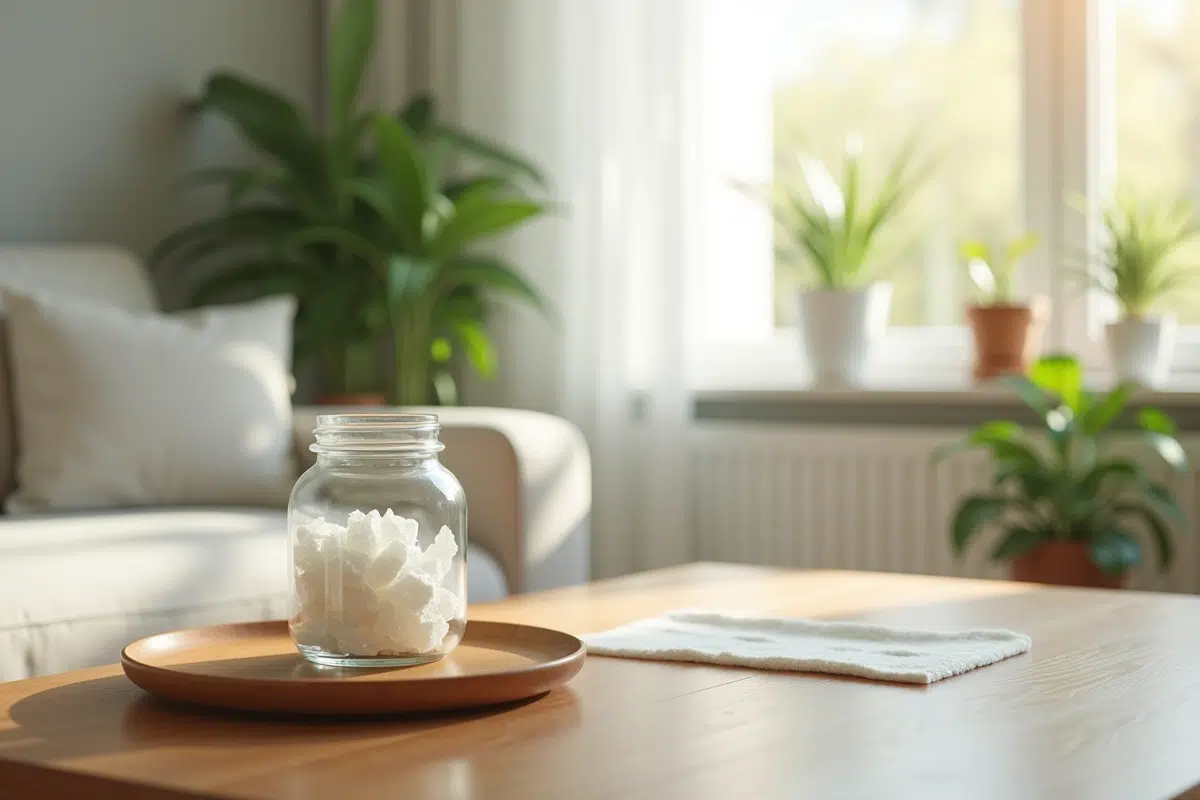 Salon lumineux avec absorbeur d'humidite maison sur la table