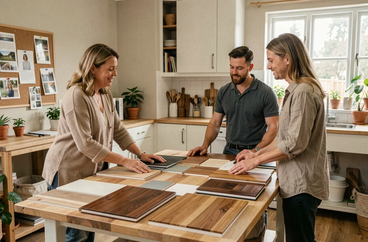 Consultation chez Sara cuisiniste avec une designer présentant des échantillons de façades à un couple de clients