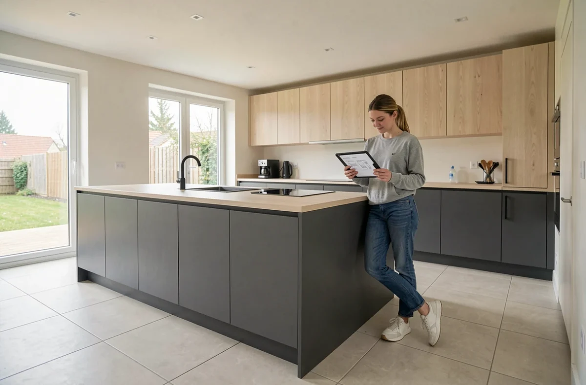Cuisine moderne installée par SAS Evolution dans une maison contemporaine des Ardennes avec façades anthracite et plan de travail composite