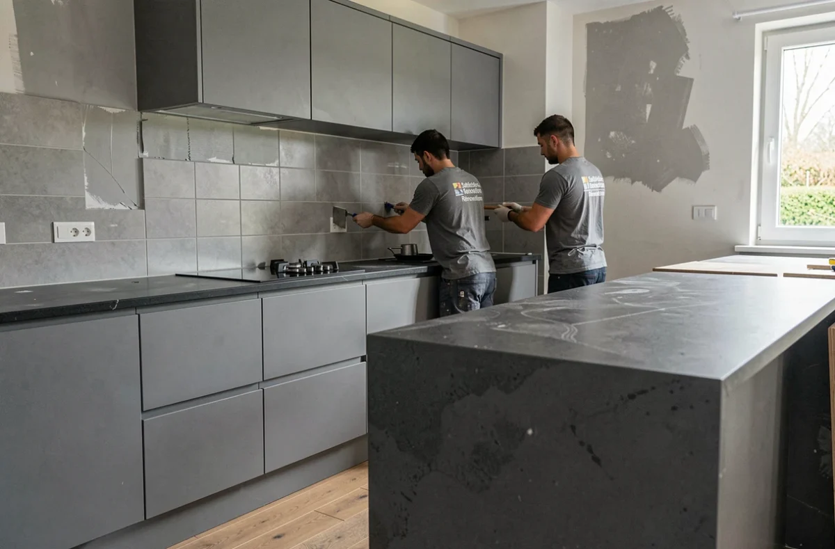 Chantier de rénovation de cuisine par Satisfaction Rénovation dans une maison ardennaise avec carrelage en cours de pose
