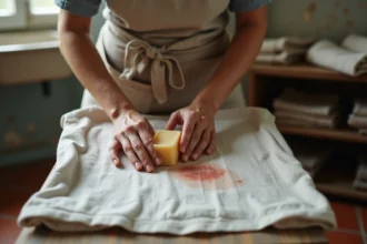 Femme appliquant du savon fiel de bœuf sur une tache de sang sur une chemise blanche en coton dans une buanderie rustique