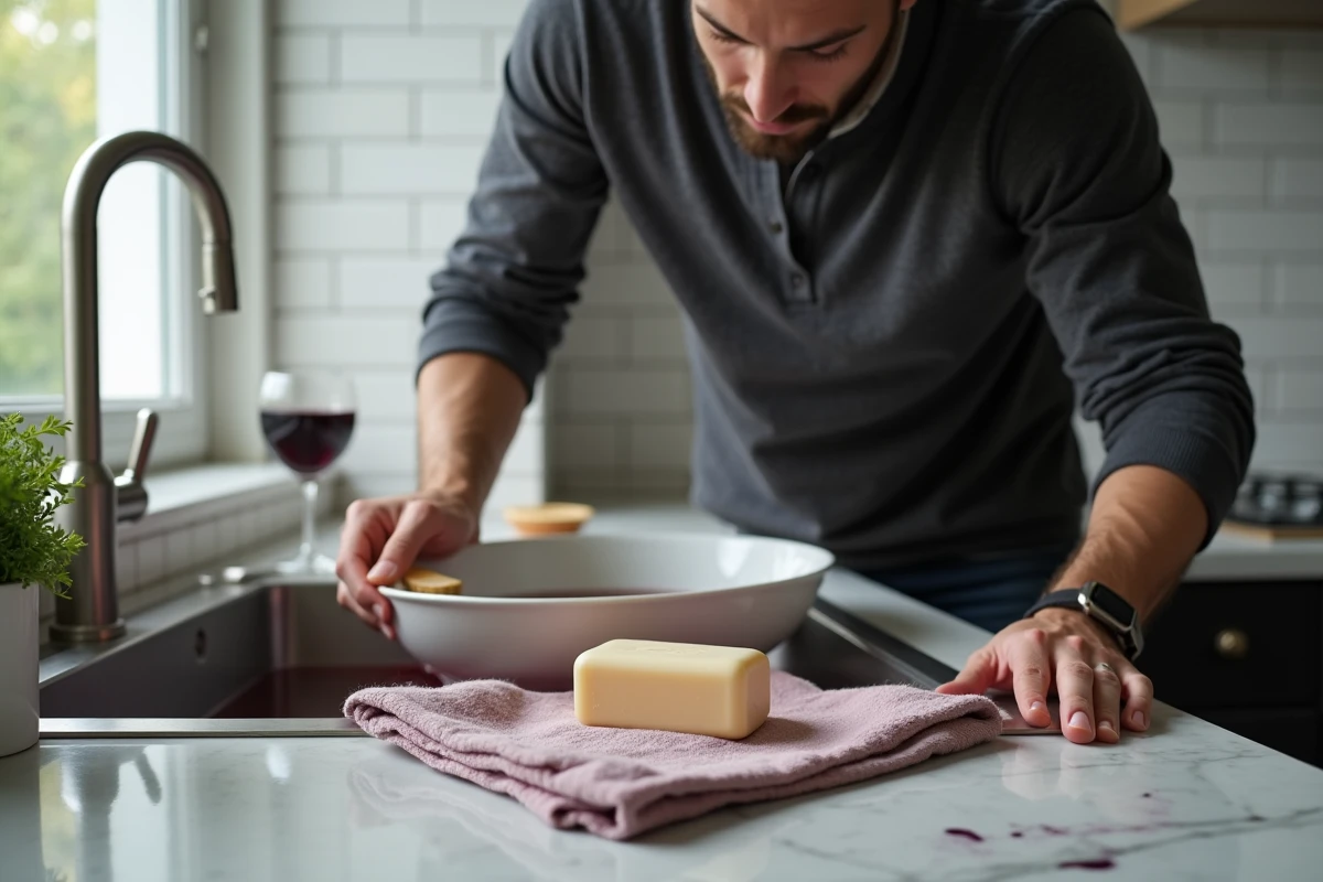 Homme traitant une tache de vin rouge sur une nappe blanche avec du savon fiel de bœuf dans un évier de cuisine moderne