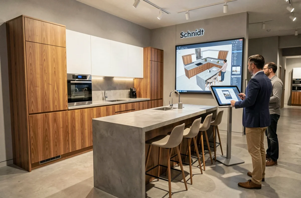 Cuisine exposée chez Schmidt Sedan avec meubles en bois noisette et présentation d'un plan 3D par un concepteur-vendeur