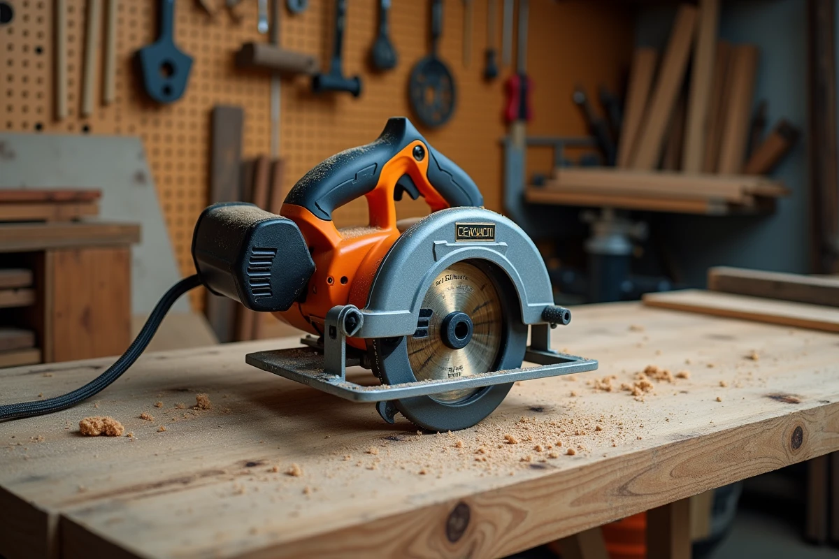 Scie circulaire Parkside Lidl posée sur un établi en bois dans un atelier de bricolage, vue en plongée trois quarts montrant le boîtier orange et noir avec lame de 190 mm