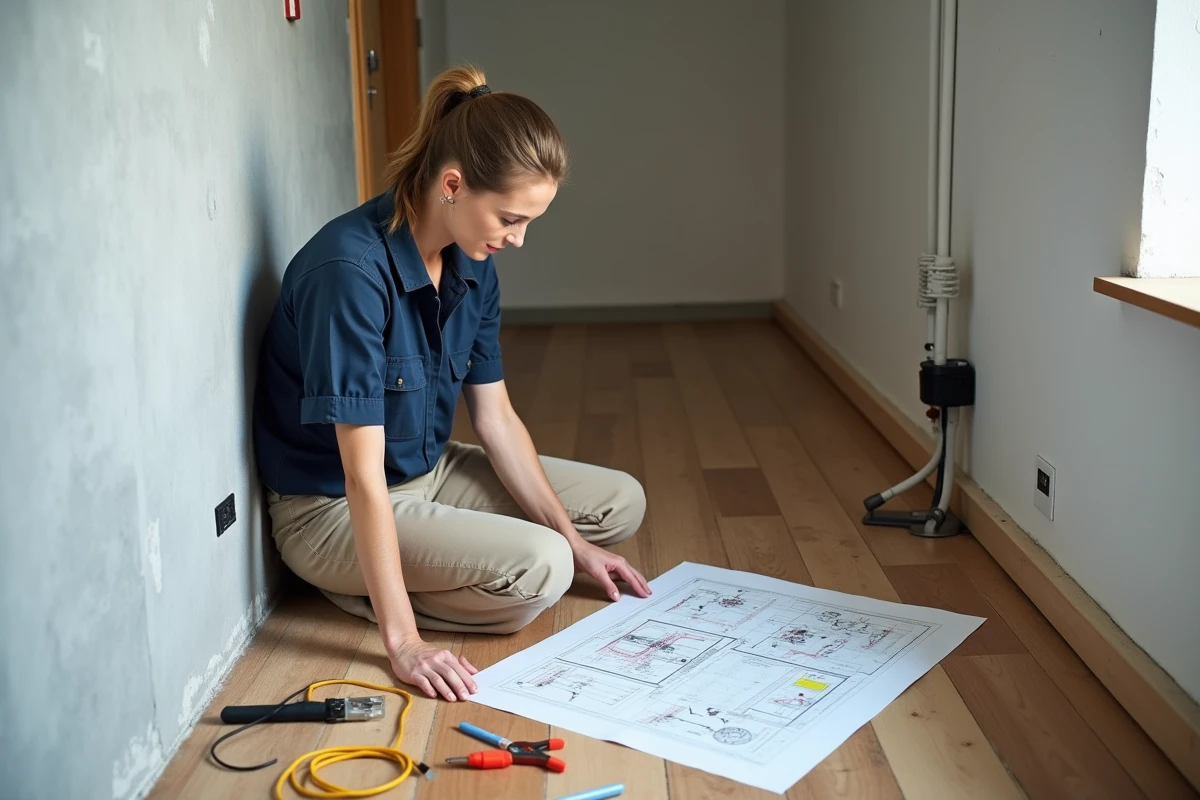 Femme lisant un schéma électrique au sol avant de poser un luminaire araignée dans un couloir rénové