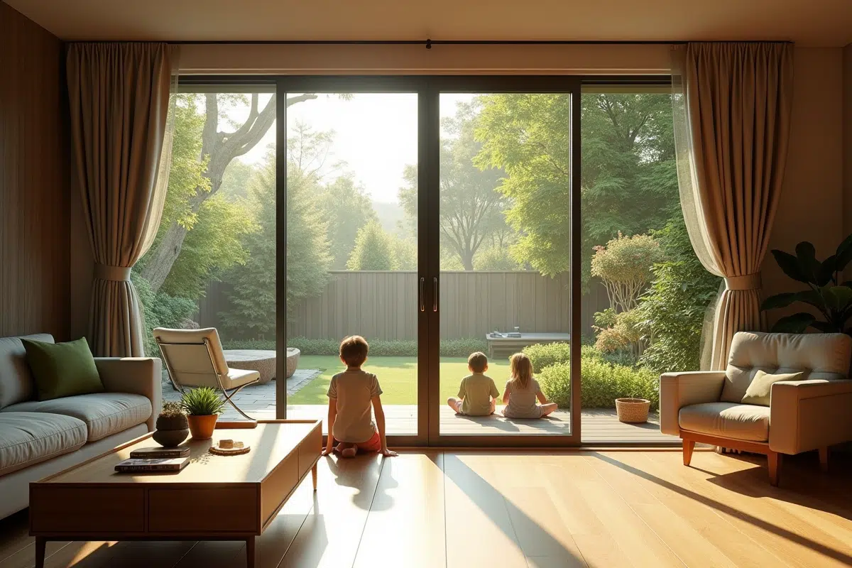 Salon moderne avec porte vitrée moustiquaire grande ouverture