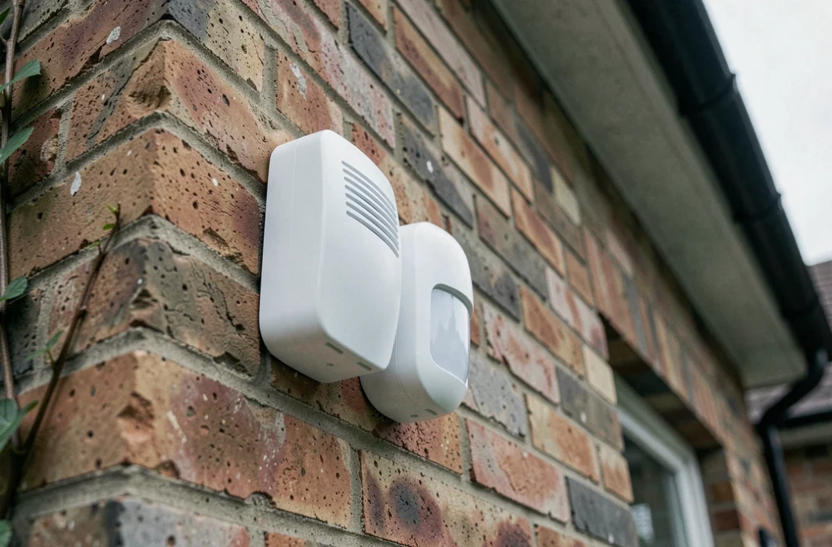 Sirène et détecteur de mouvement d'alarme Verisure installés sur une façade en brique d'une maison