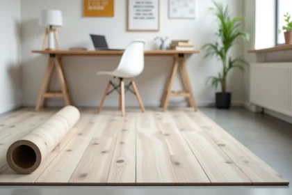 Sol PVC en rouleau partiellement déroulé dans un studio étudiant avec bureau et ordinateur portable