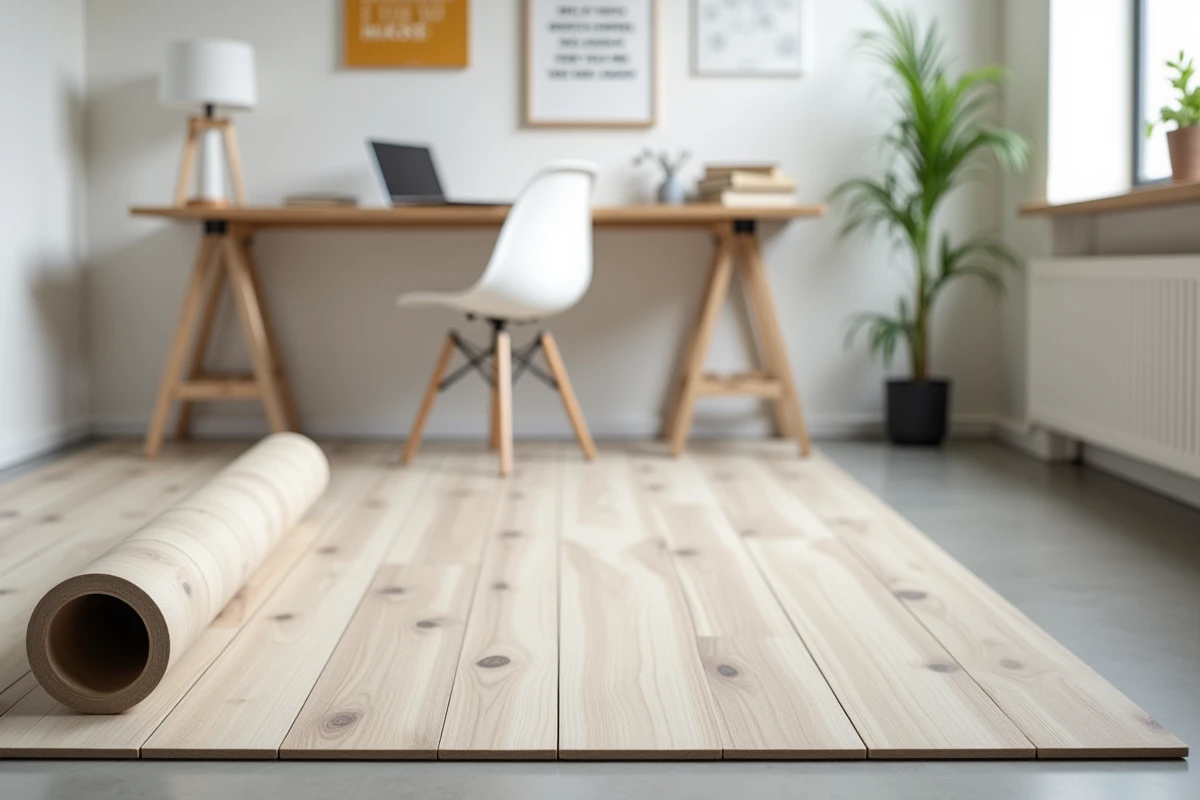 Sol PVC en rouleau partiellement déroulé dans un studio étudiant avec bureau et ordinateur portable