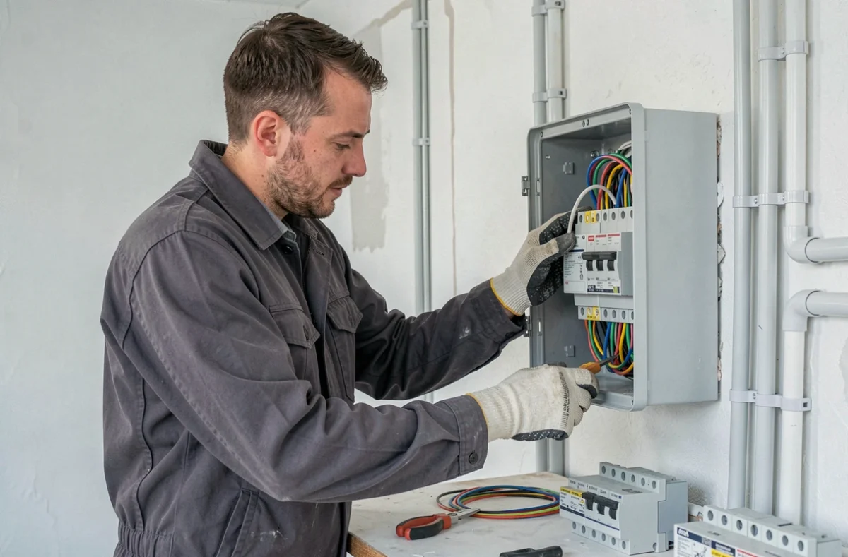 Électricien SYSTEO ELEC installant un tableau électrique dans une maison rénovée en Vendée