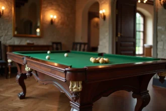 Table de billard française en acajou avec tapis vert dans une salle de jeu élégante à la maison