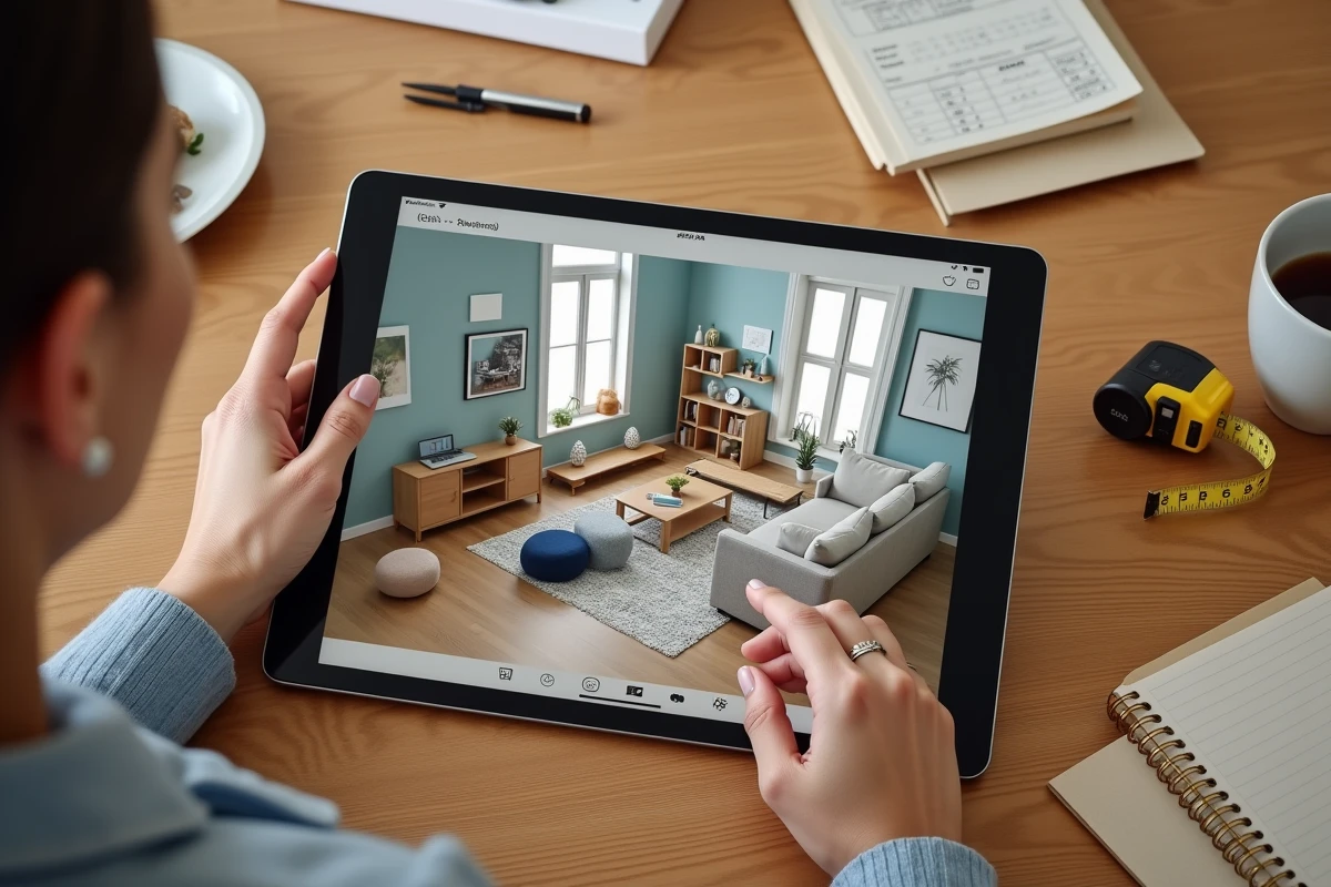 Gros plan sur une tablette affichant un plan 3D Kazaplan d'un salon avec une main qui déplace des meubles virtuels