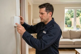 Technicien Verisure installant un capteur d'alarme sur une porte dans un salon moderne