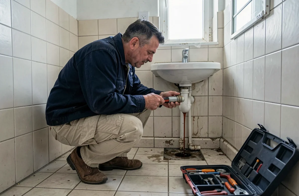 Technicien inspectant une fuite sous un lavabo dans une salle de bain modeste lors d'une intervention Servitech maison