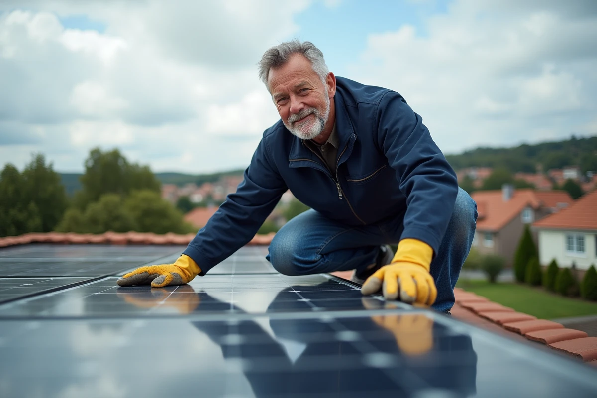 Technicien inspectant des panneaux solaires photovoltaïques sur le toit d'une maison lors d'une rénovation énergétique
