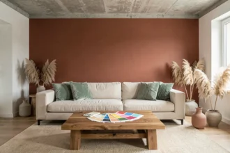 Salon contemporain aux tendances couleurs design 2026 avec mur terracotta, coussins vert sauge et échantillons de peinture sur table en chêne