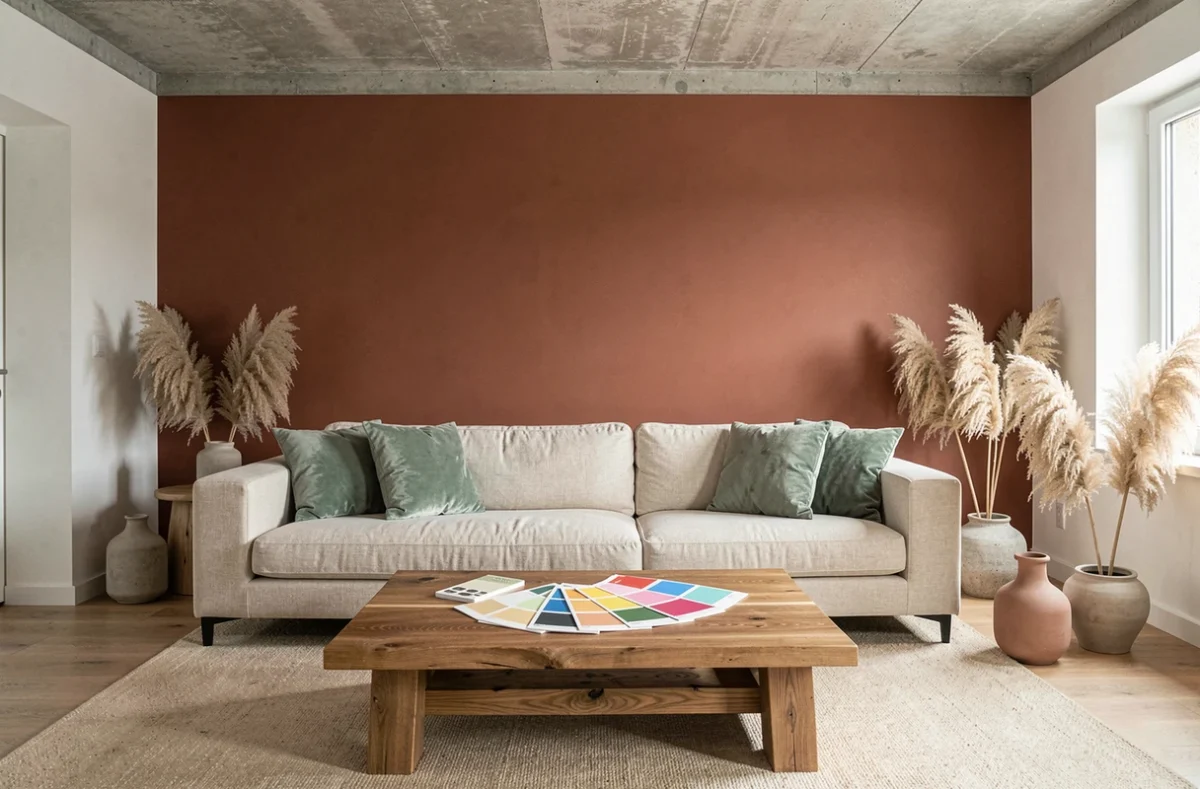 Salon contemporain aux tendances couleurs design 2026 avec mur terracotta, coussins vert sauge et échantillons de peinture sur table en chêne