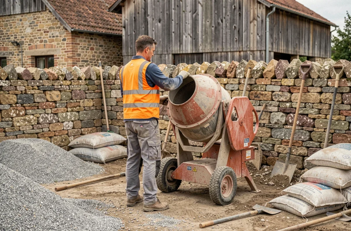 Ouvrier TM Travaux utilisant une bétonnière sur un chantier de rénovation en Vendée rurale