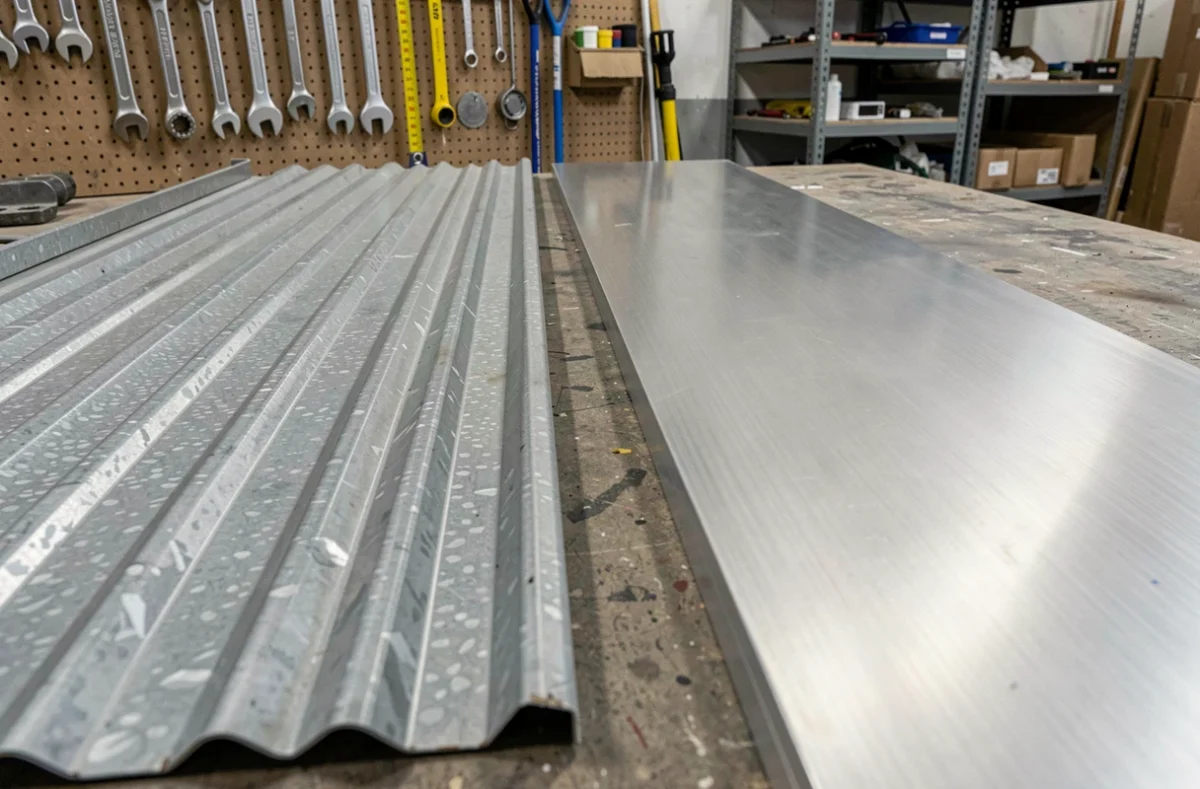 Tôle ondulée en acier galvanisé et panneau en aluminium brossé côte à côte sur un établi d'atelier pour comparaison des matériaux