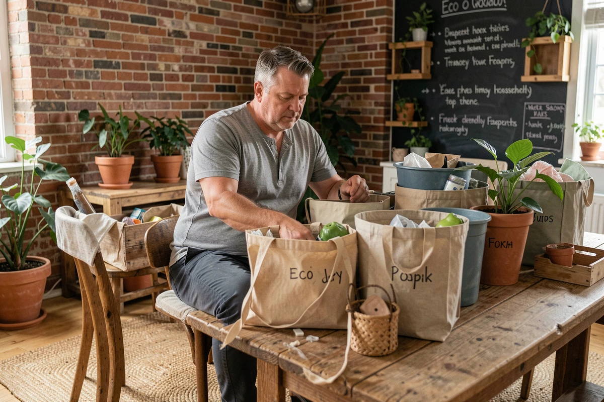 Homme triant des objets du quotidien dans des sacs en tissu et bacs compostables pour une maison zéro déchet