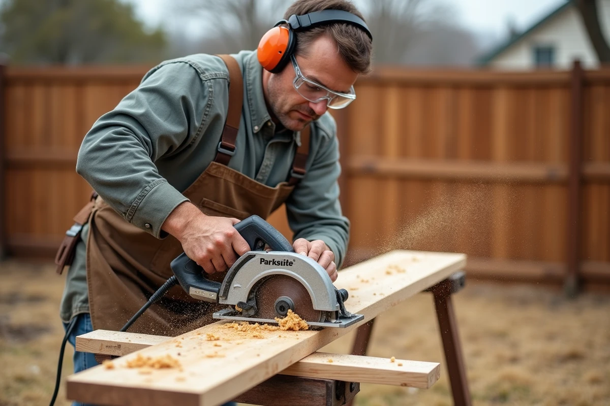 Artisan utilisant une scie circulaire Parkside Lidl pour couper une planche de pin en extérieur, portant équipements de protection individuelle, copeaux de bois visibles en action