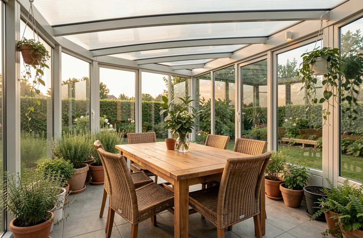 Intérieur d'une véranda aluminium aménagée en salle à manger avec mobilier en bois et rotin