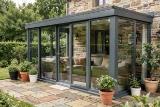 Véranda en aluminium anthracite installée sur une maison en pierre bretonne avec vue sur jardin verdoyant