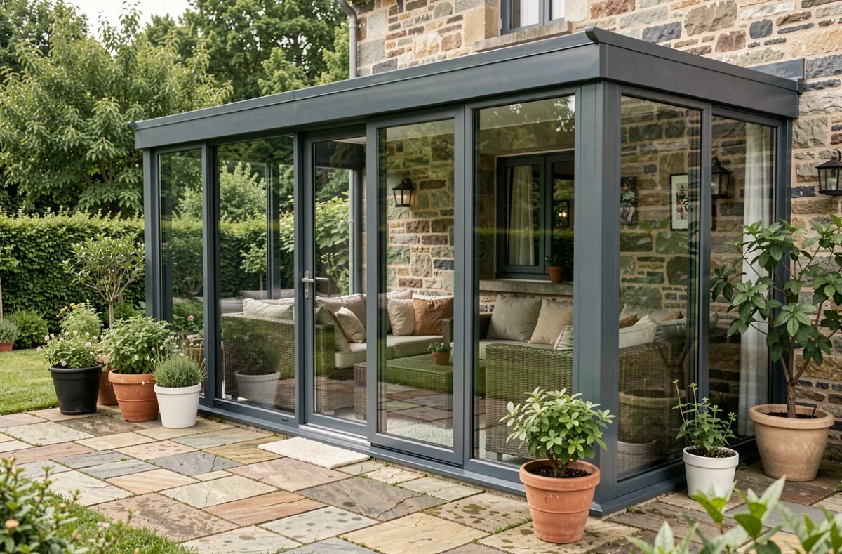 Véranda en aluminium anthracite installée sur une maison en pierre bretonne avec vue sur jardin verdoyant