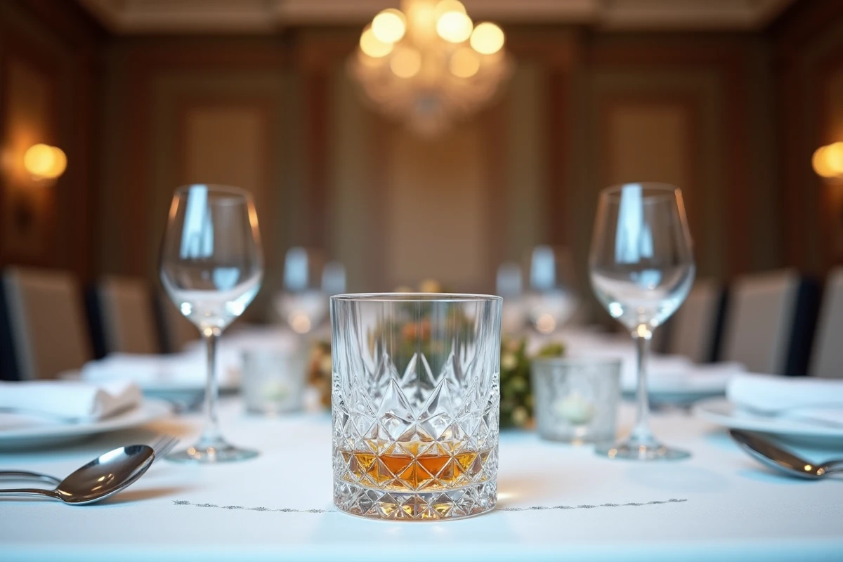 Verre à whisky en cristal taillé vide au centre d'une table dressée avec nappe en lin blanc et couverts argentés dans une salle à manger de luxe