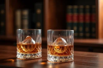 Deux verres en cristal taillé remplis de whisky ambré avec glaçon sphérique sur une table en noyer massif dans un bar raffiné