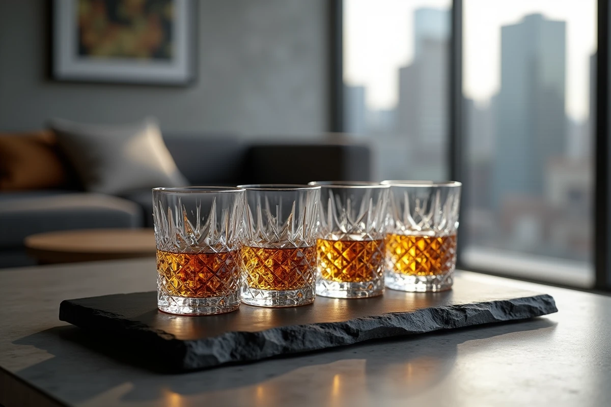 Quatre verres à whisky en cristal haut de gamme sur un plateau en ardoise noire dans un salon moderne minimaliste avec vue sur la ville
