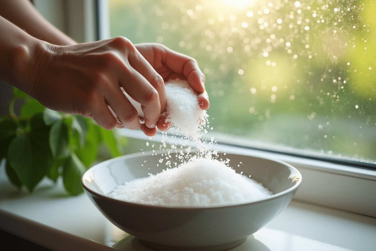 Mains versant du sel dans un bol près de la fenêtre humide