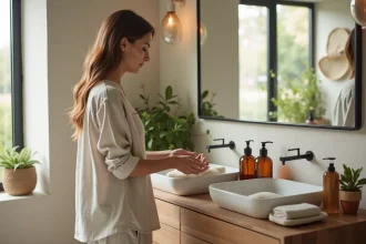 Femme arrangeant des distributeurs en ambre dans une salle de bain moderne