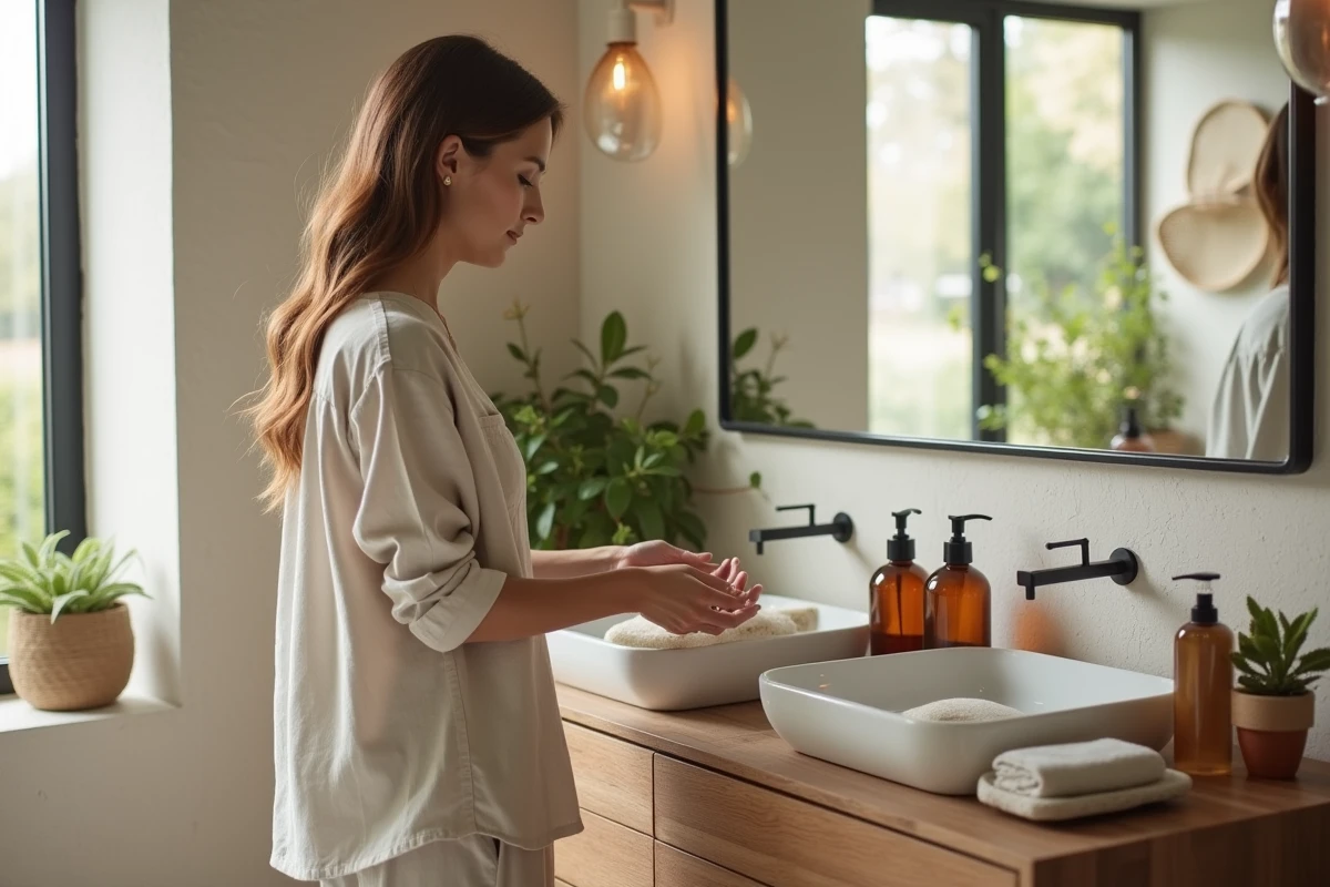 Femme arrangeant des distributeurs en ambre dans une salle de bain moderne